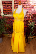 extravagantes Abendkleid gelb Perlen