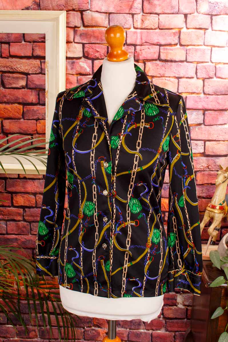 70s Bluse bunt Gürtelmuster