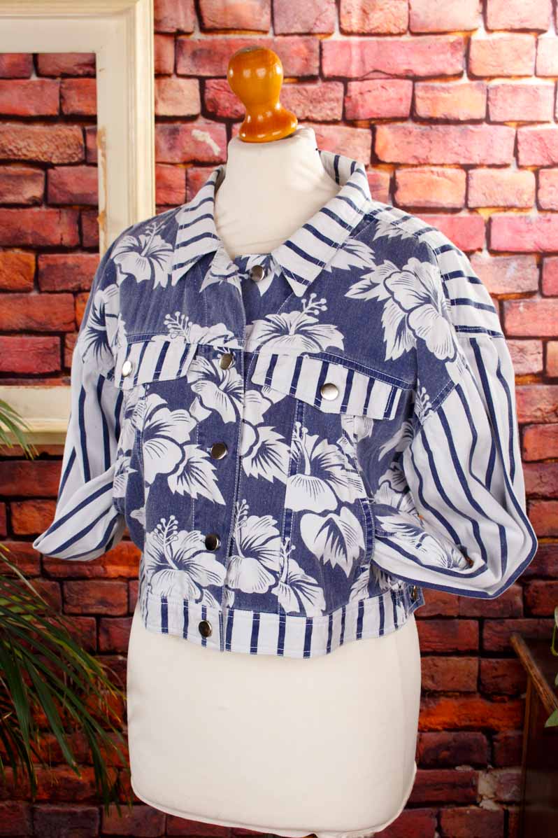 90s Denim Jacke blau Hibiskus
