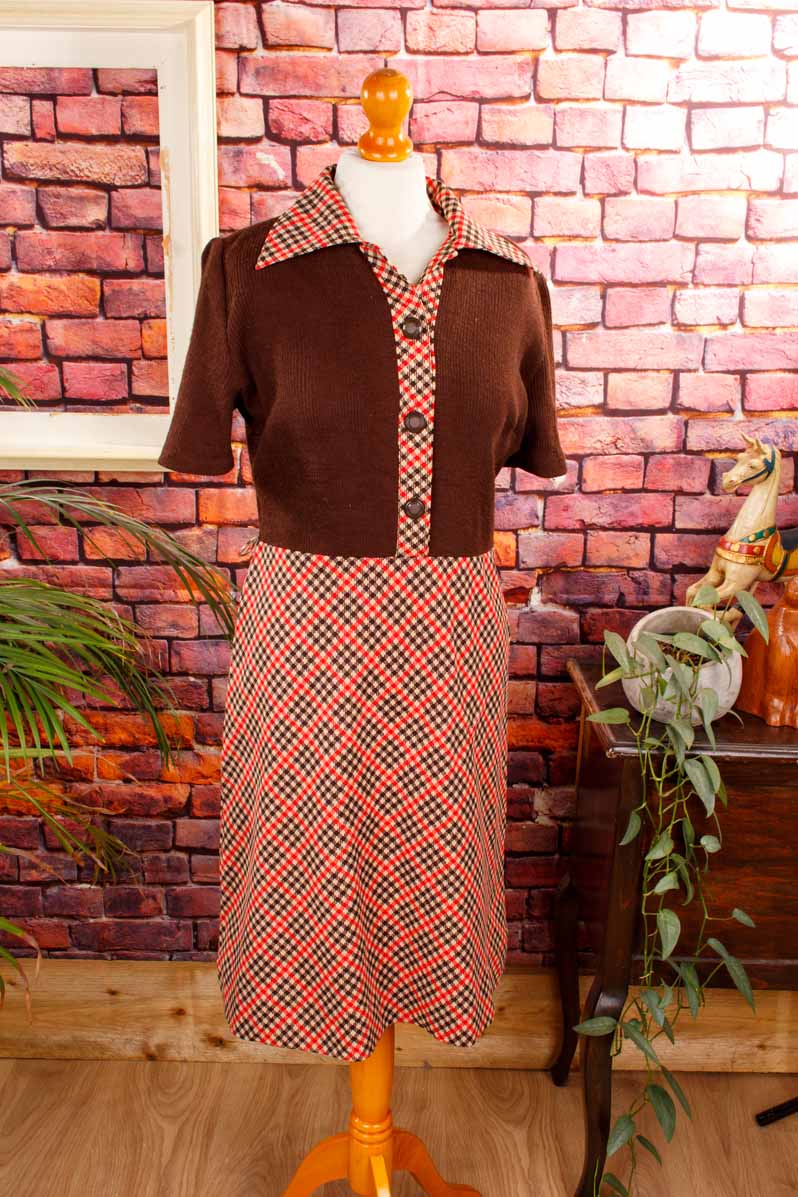 70s Disco Kleid braun kariert