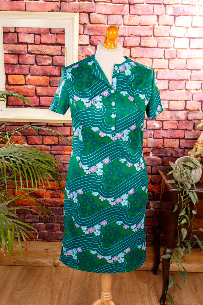 60s Disco Stretchkleid grün Wellen