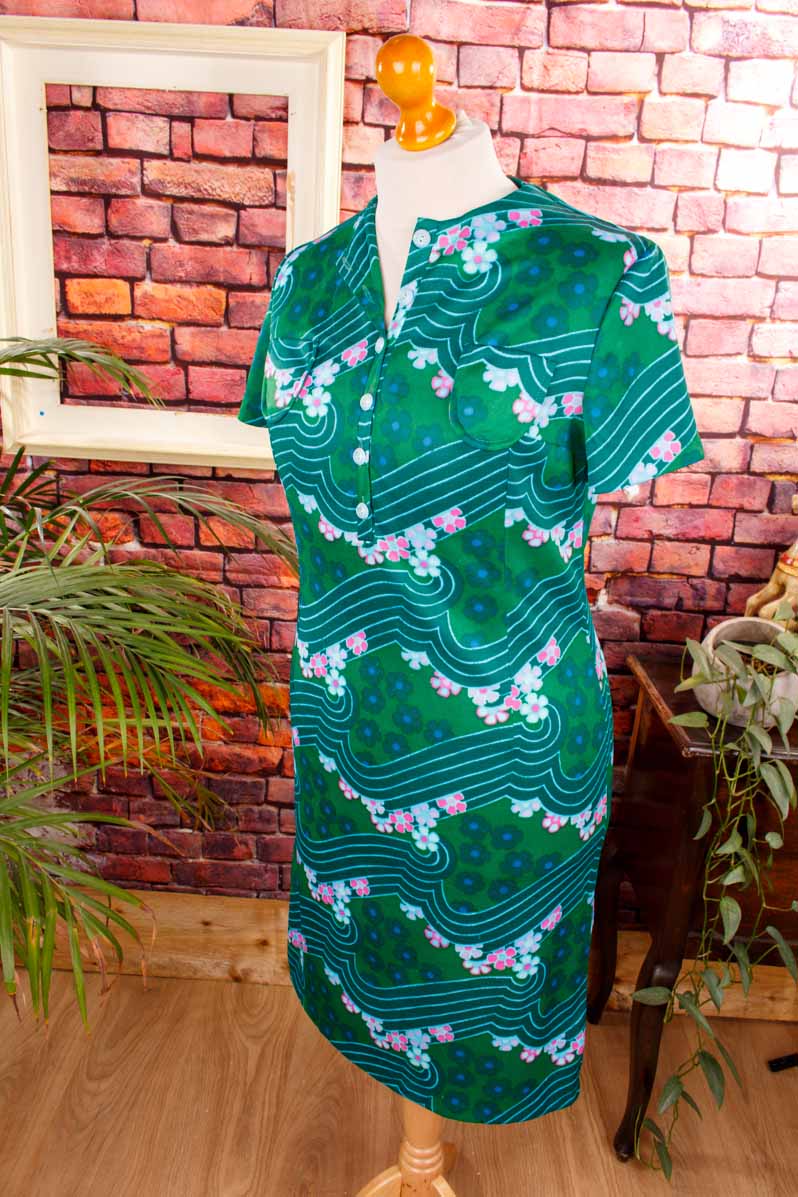 60s Disco Stretchkleid grün Wellen