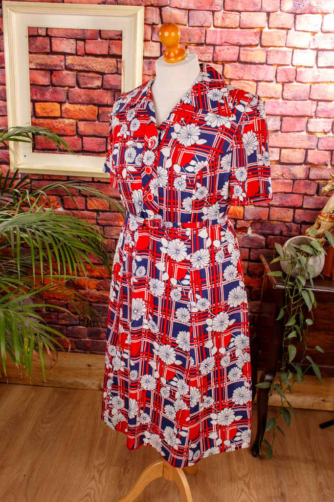 70s Flower Power Kleid rot blau