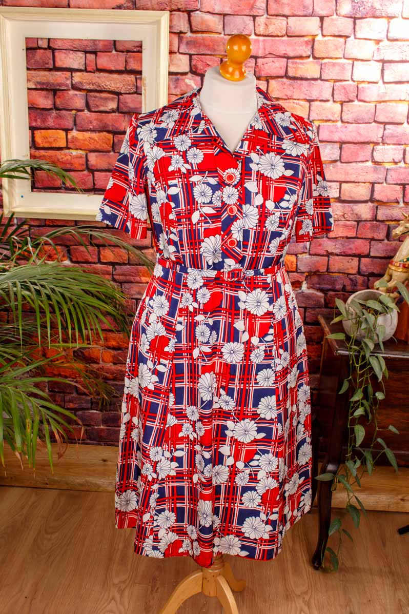 70s Flower Power Kleid rot blau