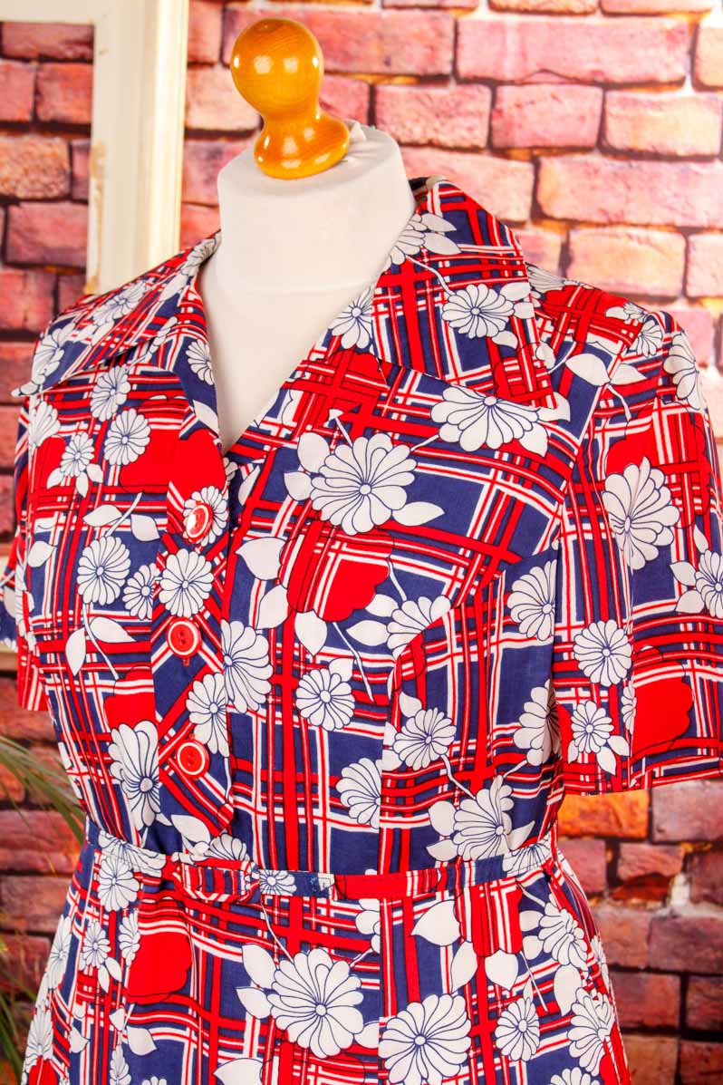 70s Flower Power Kleid rot blau