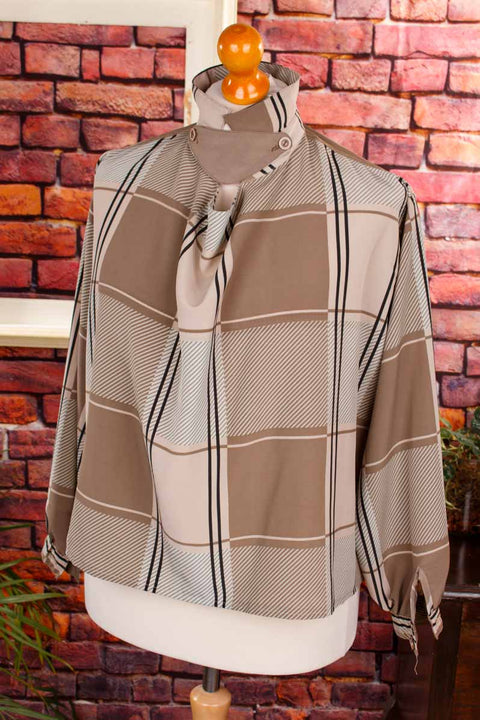 ausgefallene 80s Bluse braun kariert
