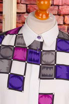 90er Bluse weiß lila Quadrate