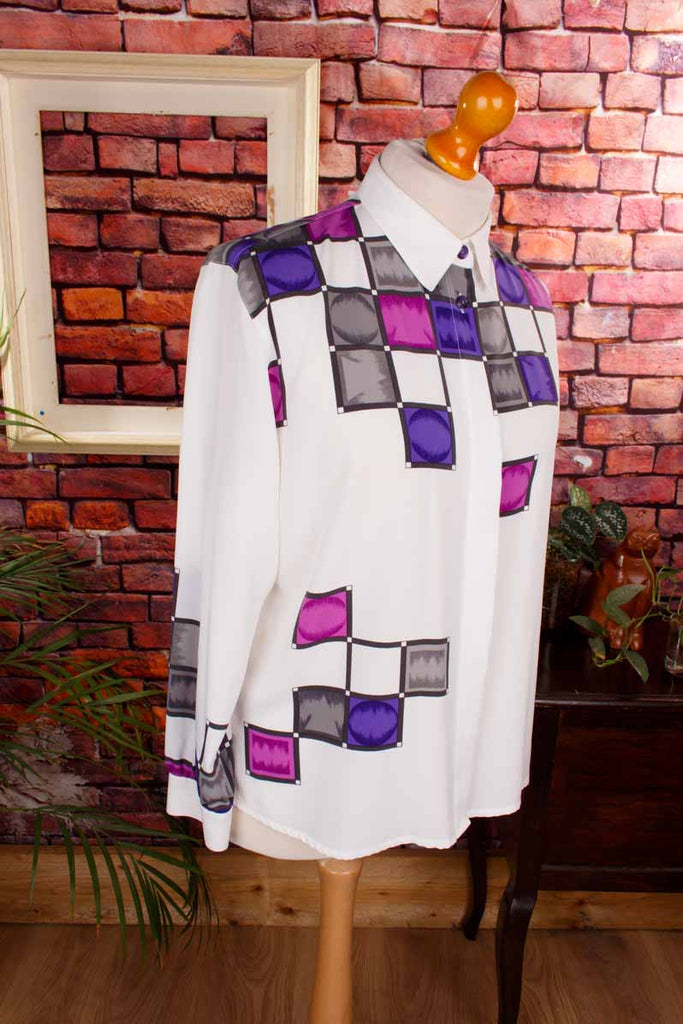 90er Bluse weiß lila Quadrate