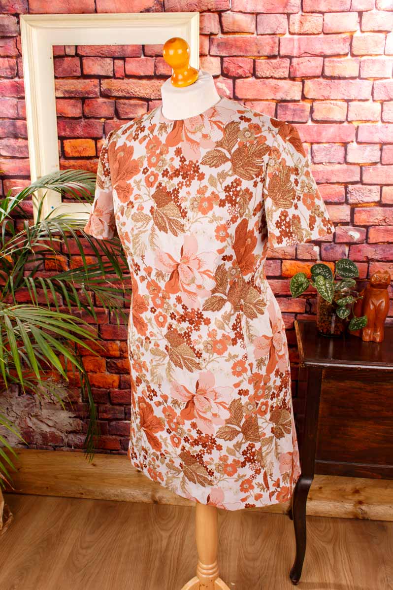 60s Brokatkleid gold braun Blumen