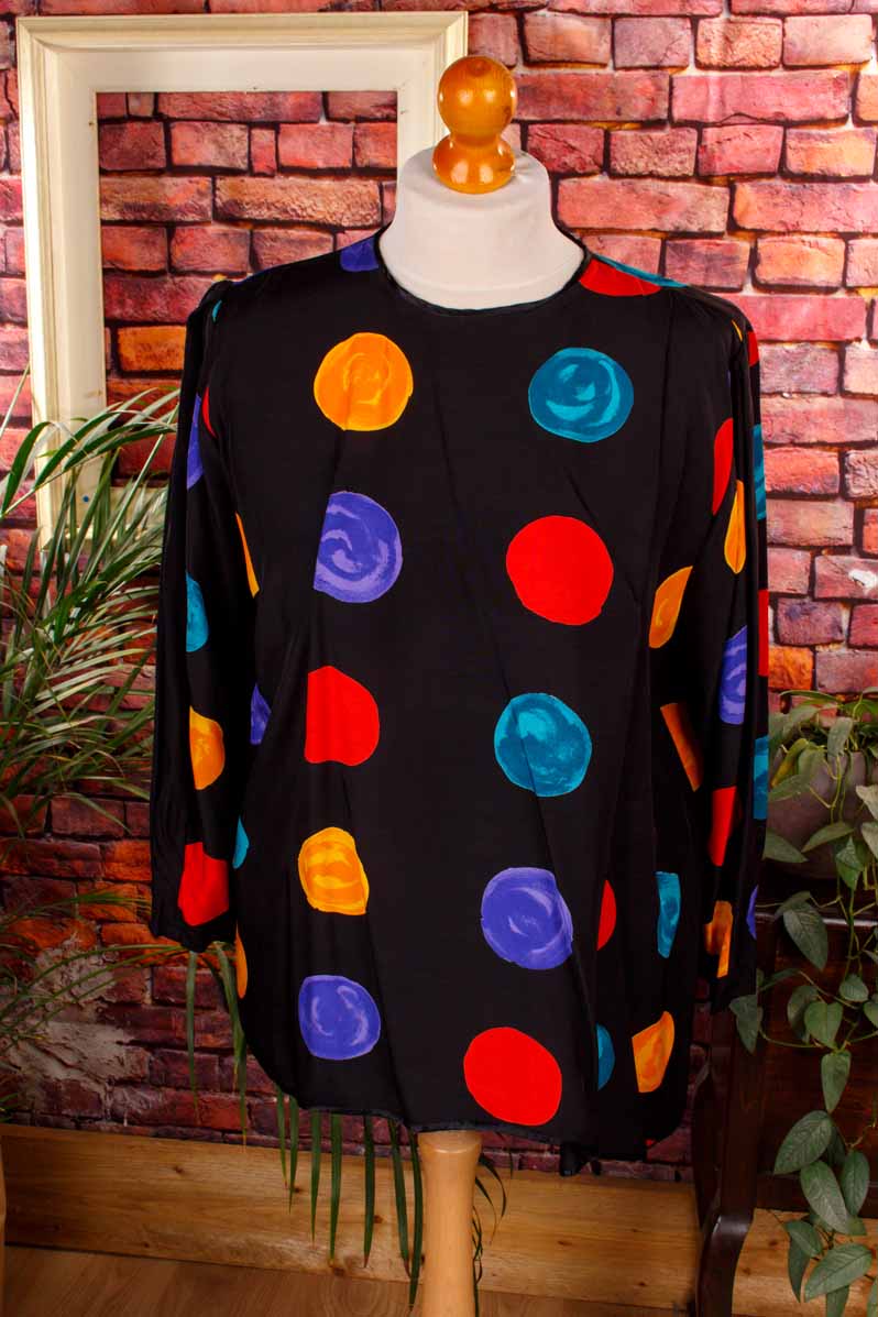 80s Viskose Top schwarz bunt Punkte