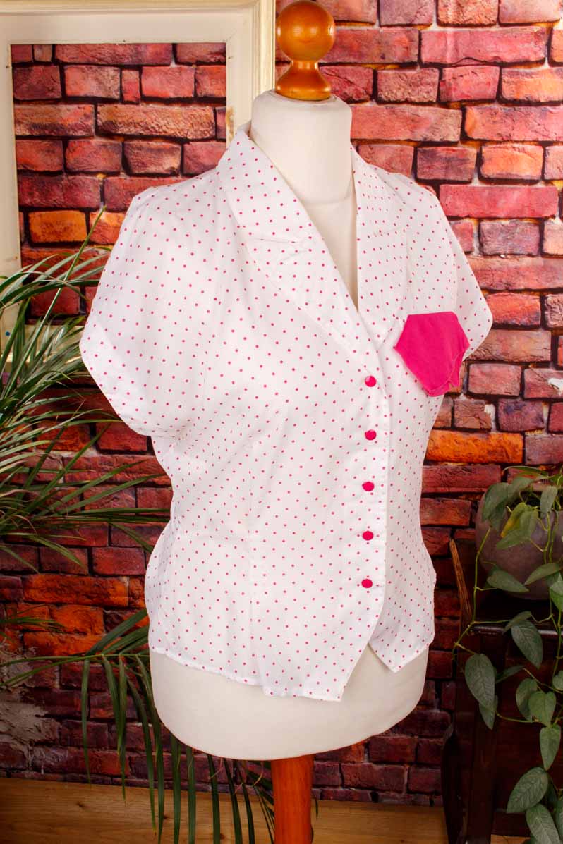 80s Disco Bluse weiß pink Punkte