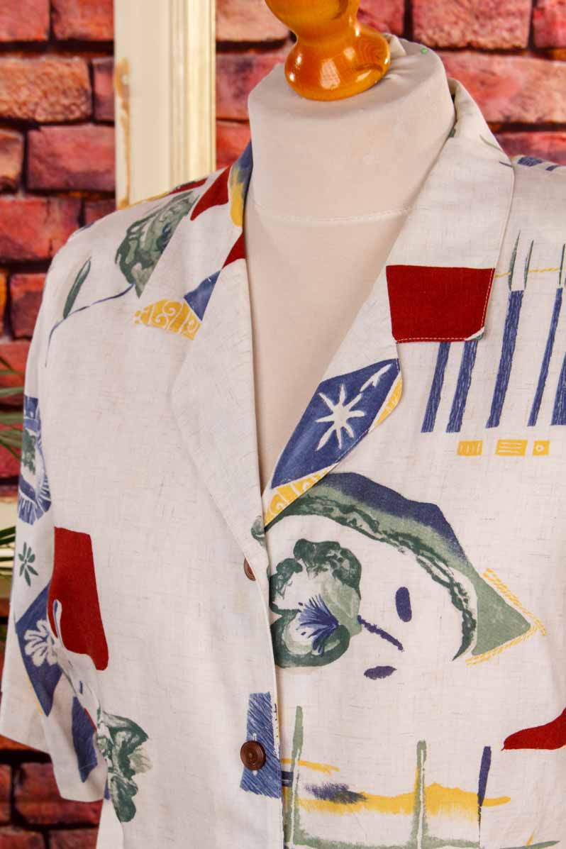 Kurzarm 90s Bluse bunt Leinenmix