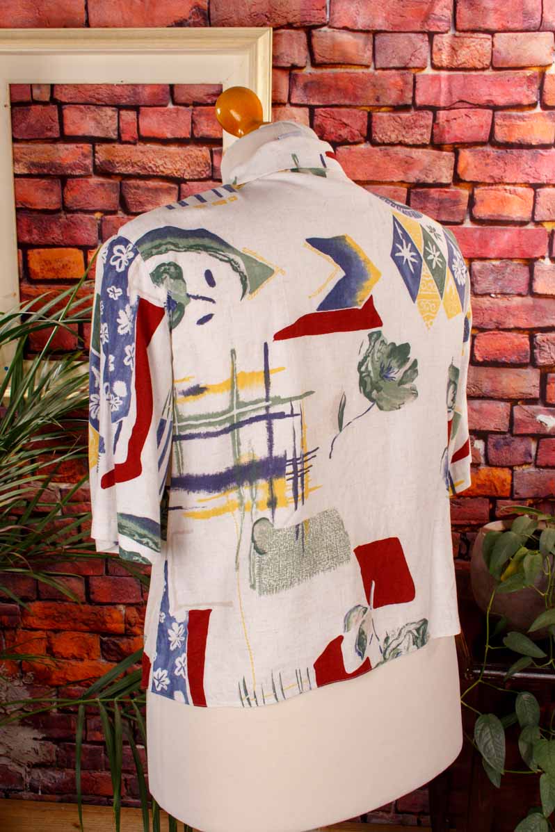 Kurzarm 90s Bluse bunt Leinenmix