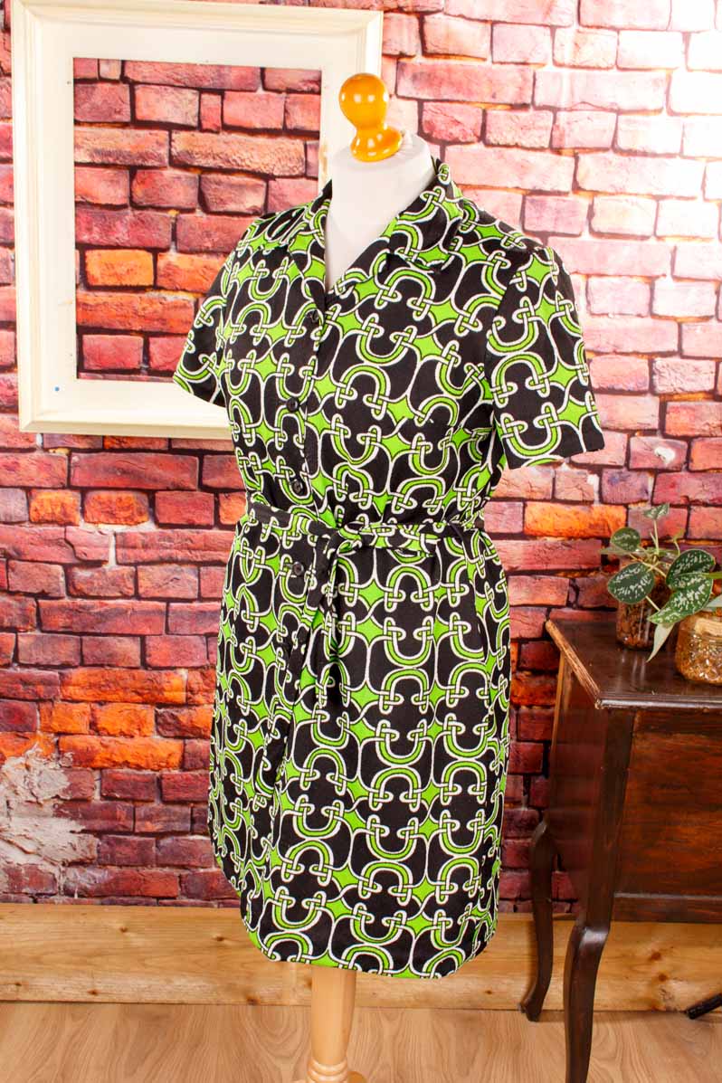 70er Stretchkleid grün schwarz Muster