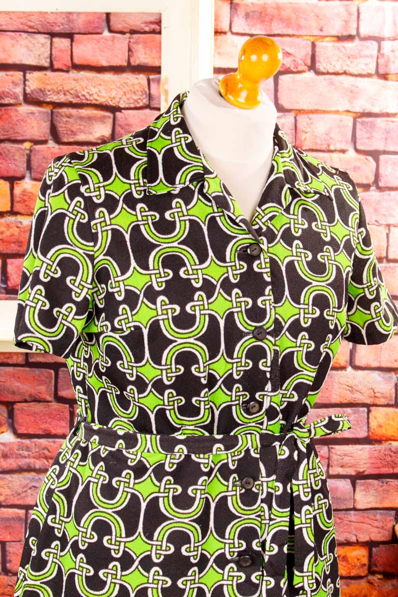 70er Stretchkleid grün schwarz Muster