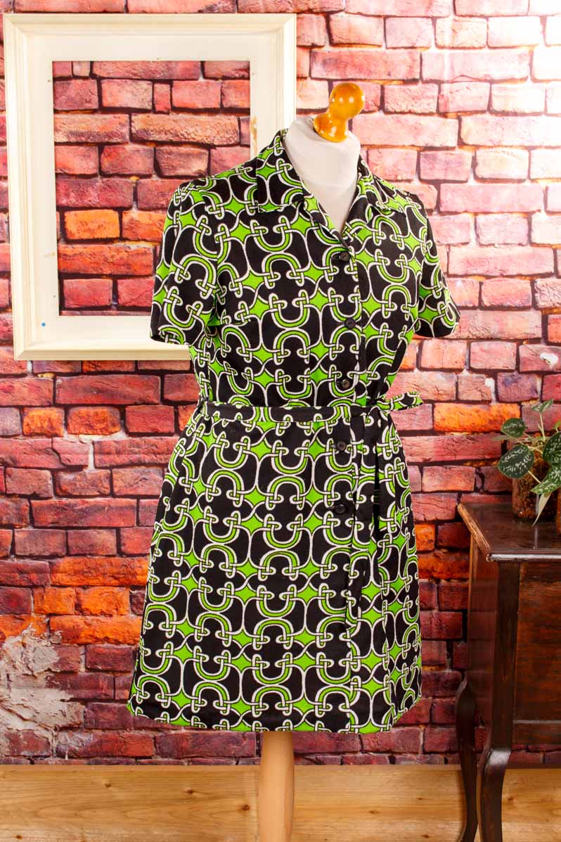 70er Stretchkleid grün schwarz Muster