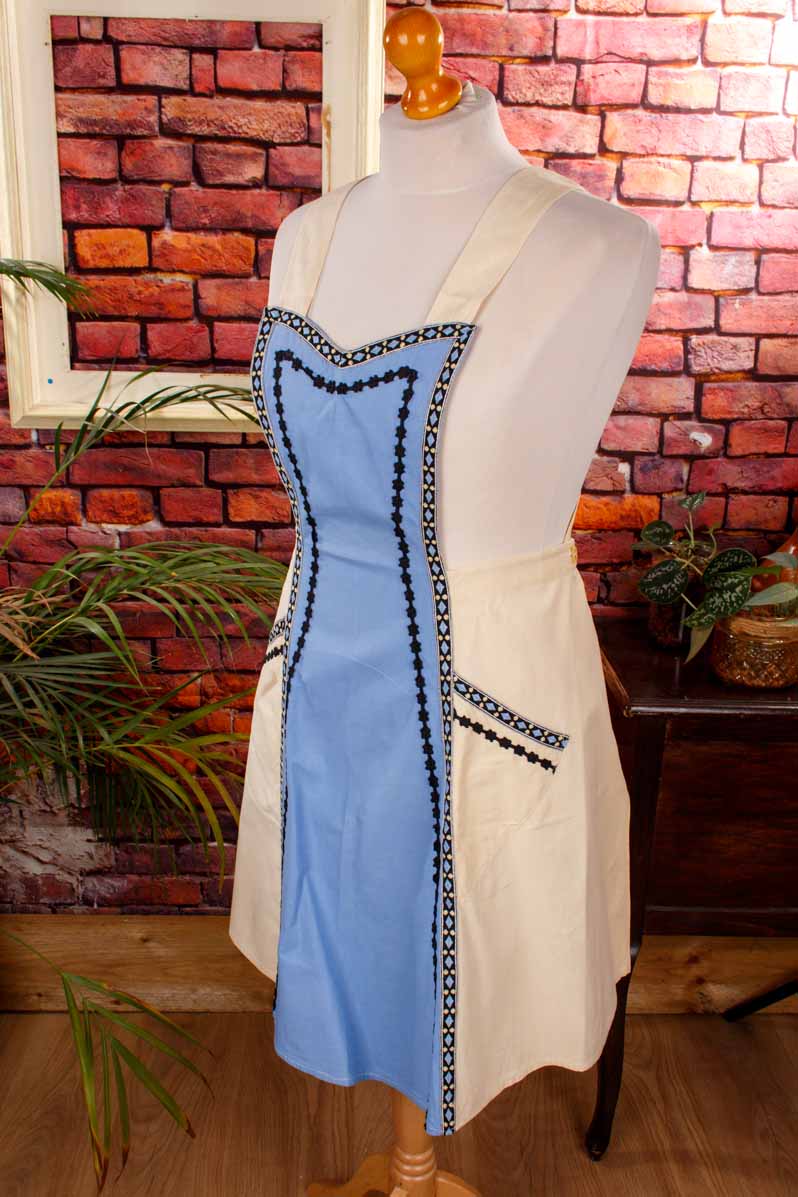 Vintage Küchenschürze blau beige
