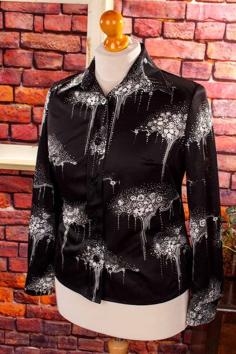 70s Disco Bluse schwarz Megakragen