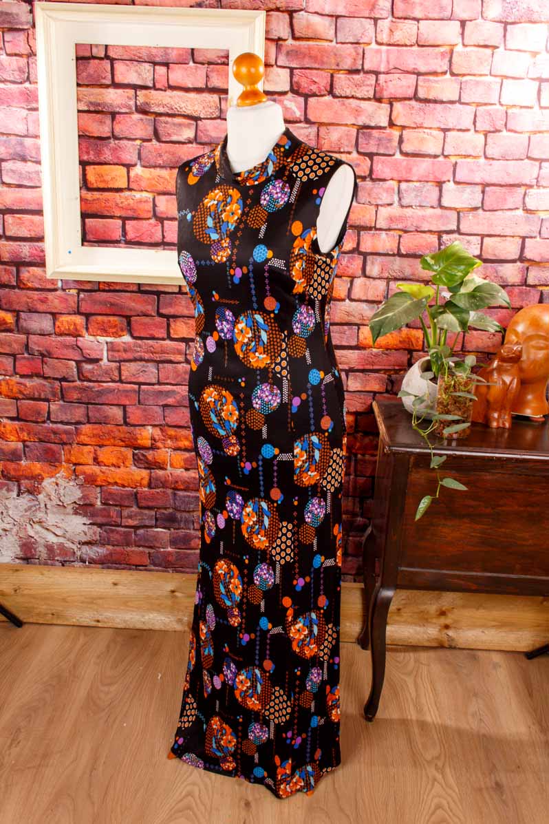 70s Abendkleid schwarz bunt