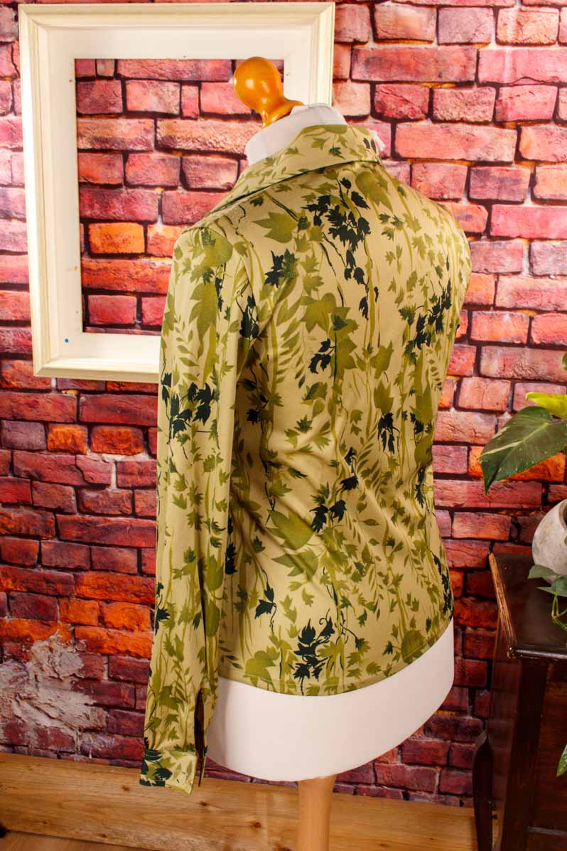70s Stretchbluse grün Blättermuster