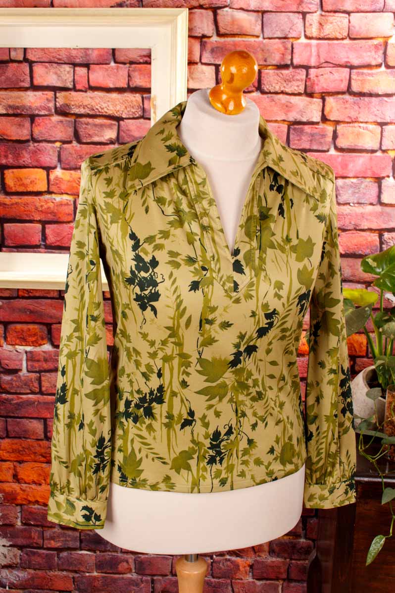 70s Stretchbluse grün Blättermuster