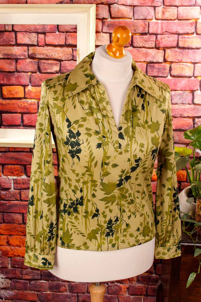 70s Stretchbluse grün Blättermuster