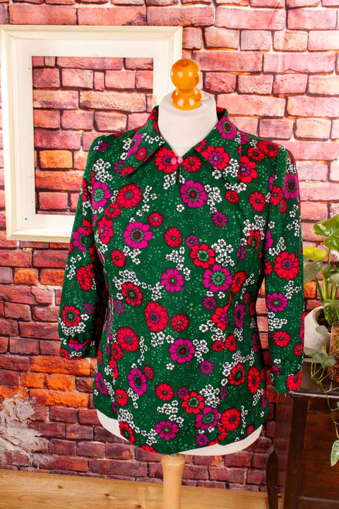 70s Bluse Top grün pink