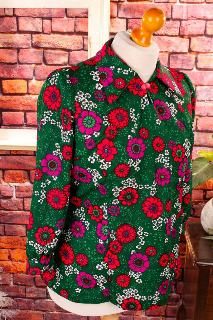 70s Bluse Top grün pink