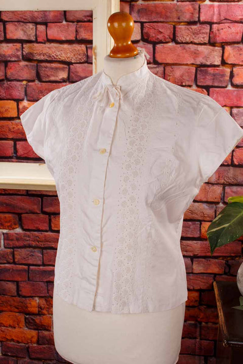 50s Baumwollbluse weiß Lochspitze