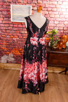 70s Maxikleid schwarz pink Blumen