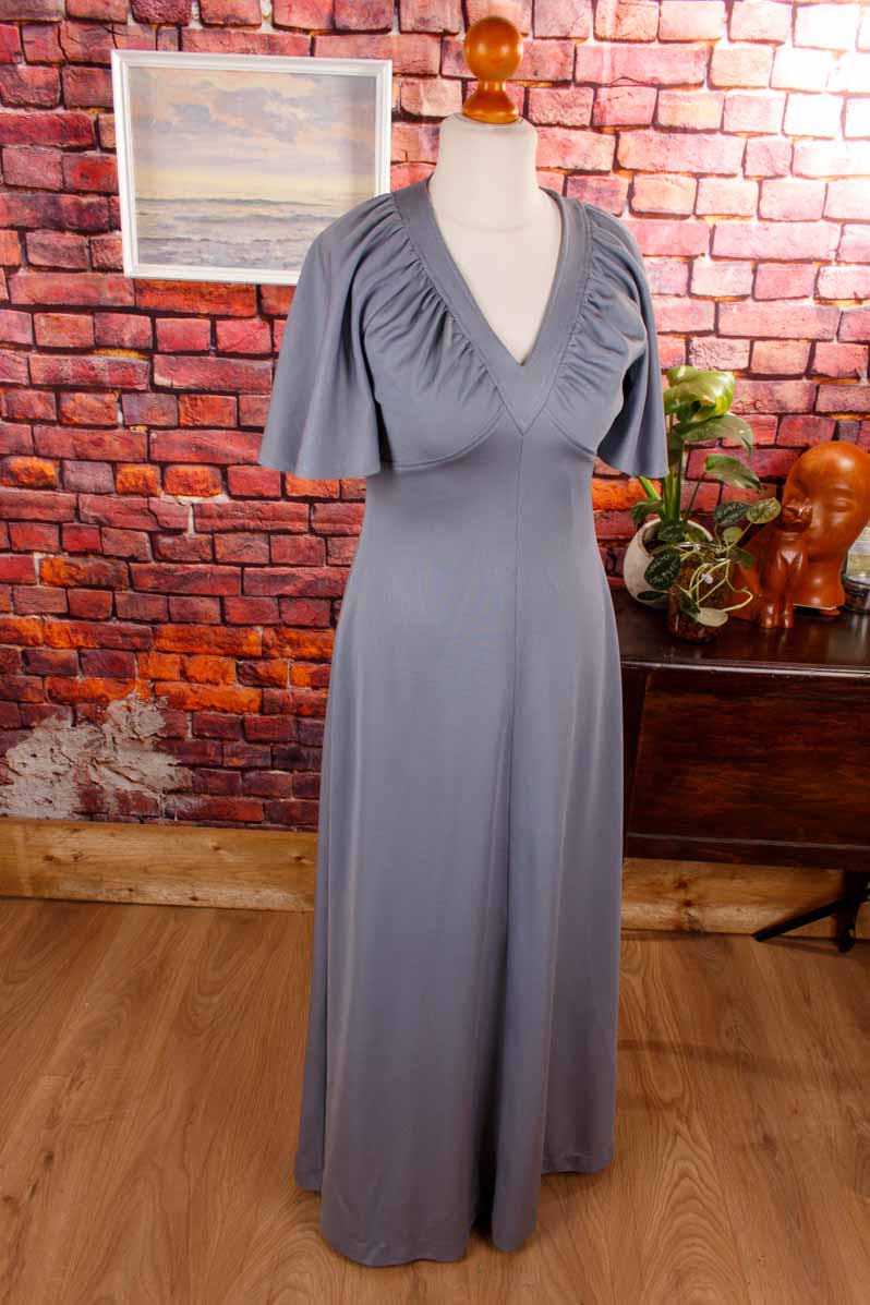 70s Boho Maxikleid silbergrau
