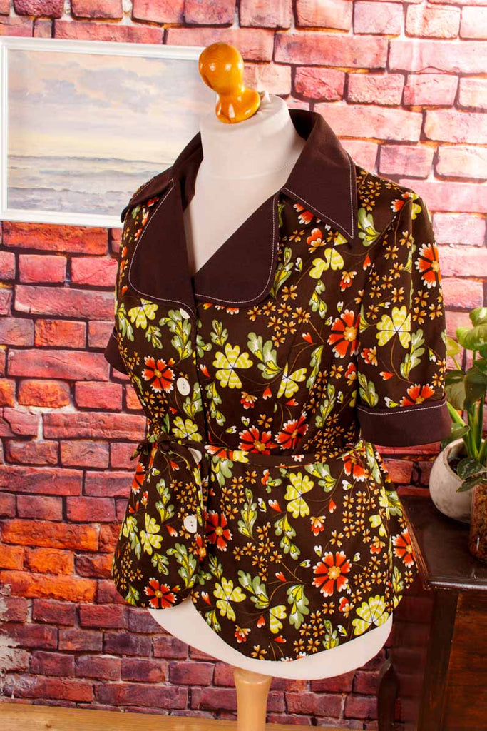70s Schlager Bluse Jacke braun Blumen