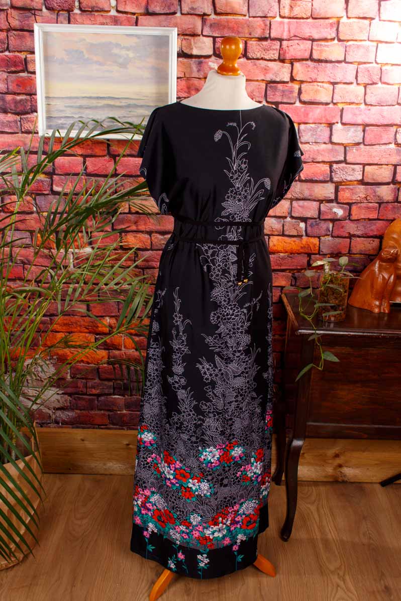 70s Maxikleid schwarz bunt schmal