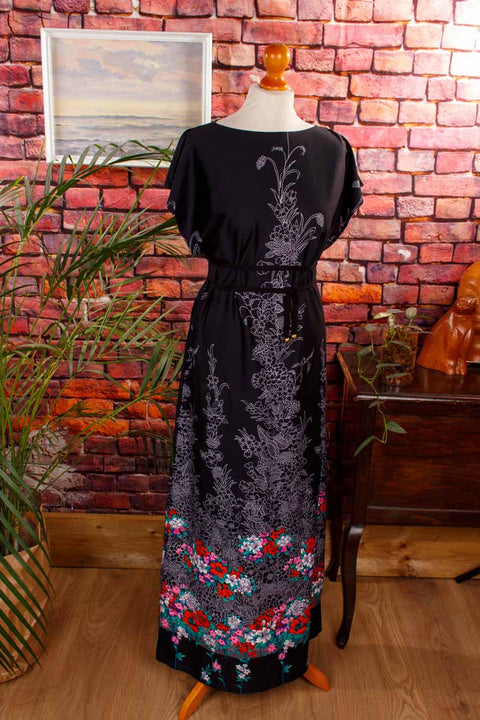 70s Maxikleid schwarz bunt schmal