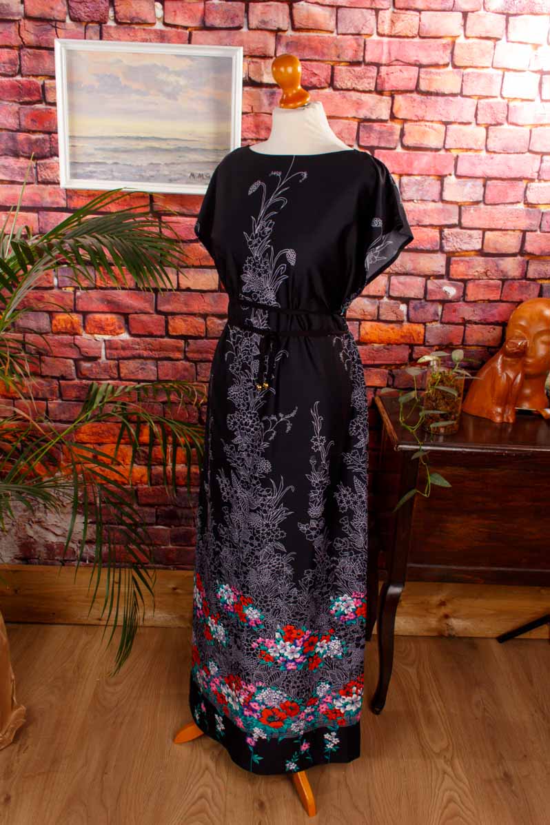 70s Maxikleid schwarz bunt schmal