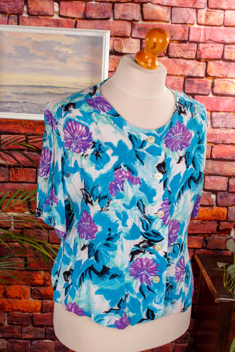 80s Viskosebluse blau Blumen
