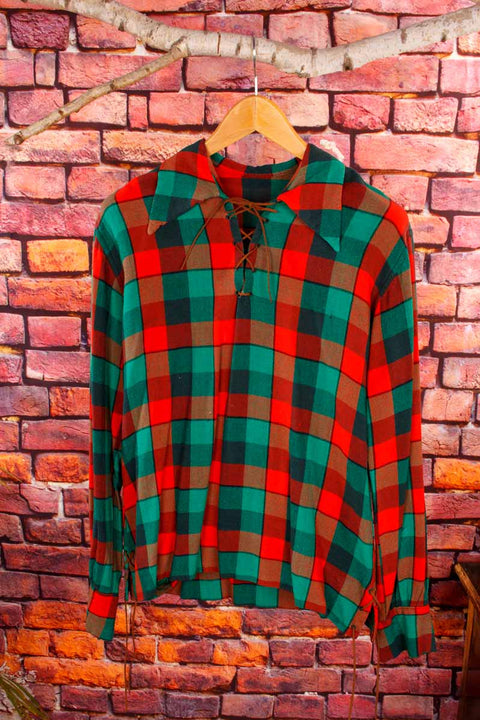 70s Schnür-Shirt rot grün kariert