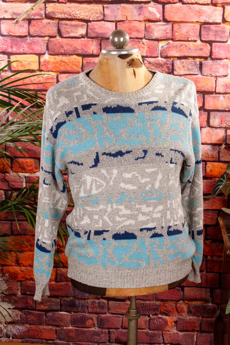 80er Jahre Pullover blau grau
