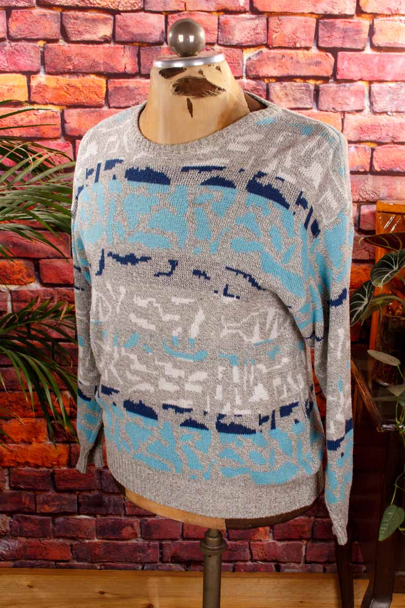 80er Jahre Pullover blau grau