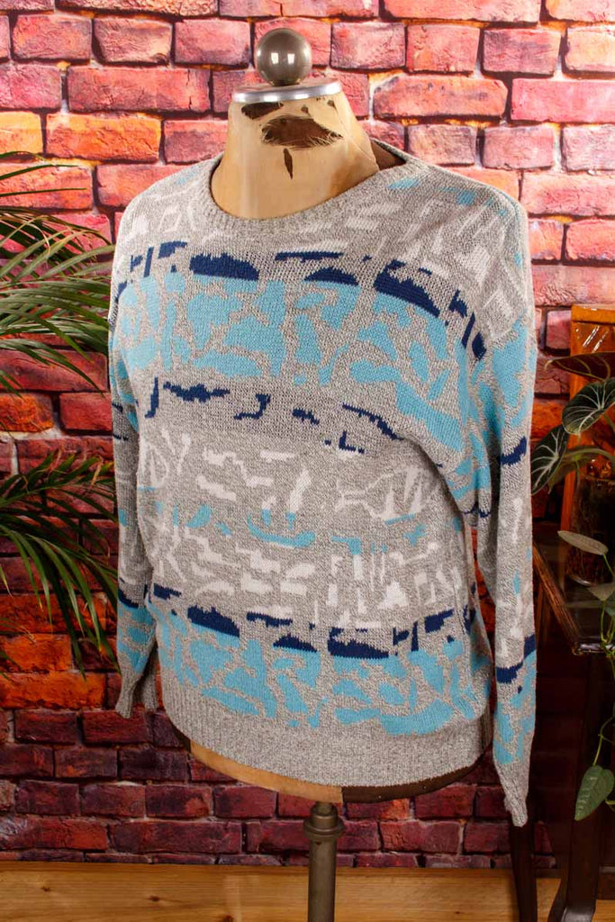80er Jahre Pullover blau grau