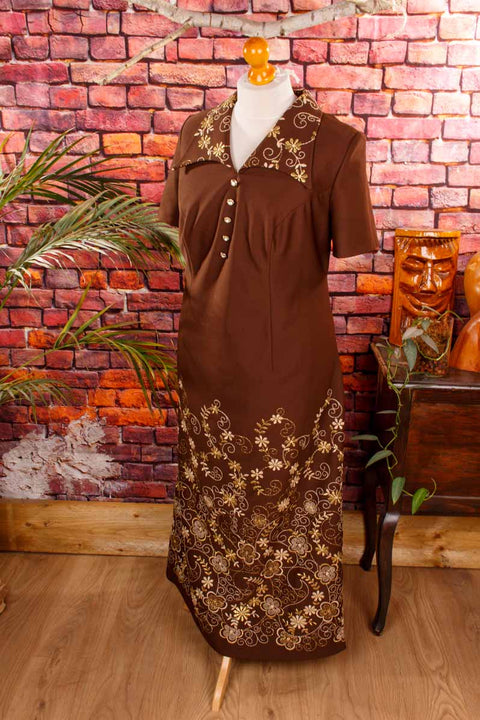 70s Schlagerkleid lang braun gold