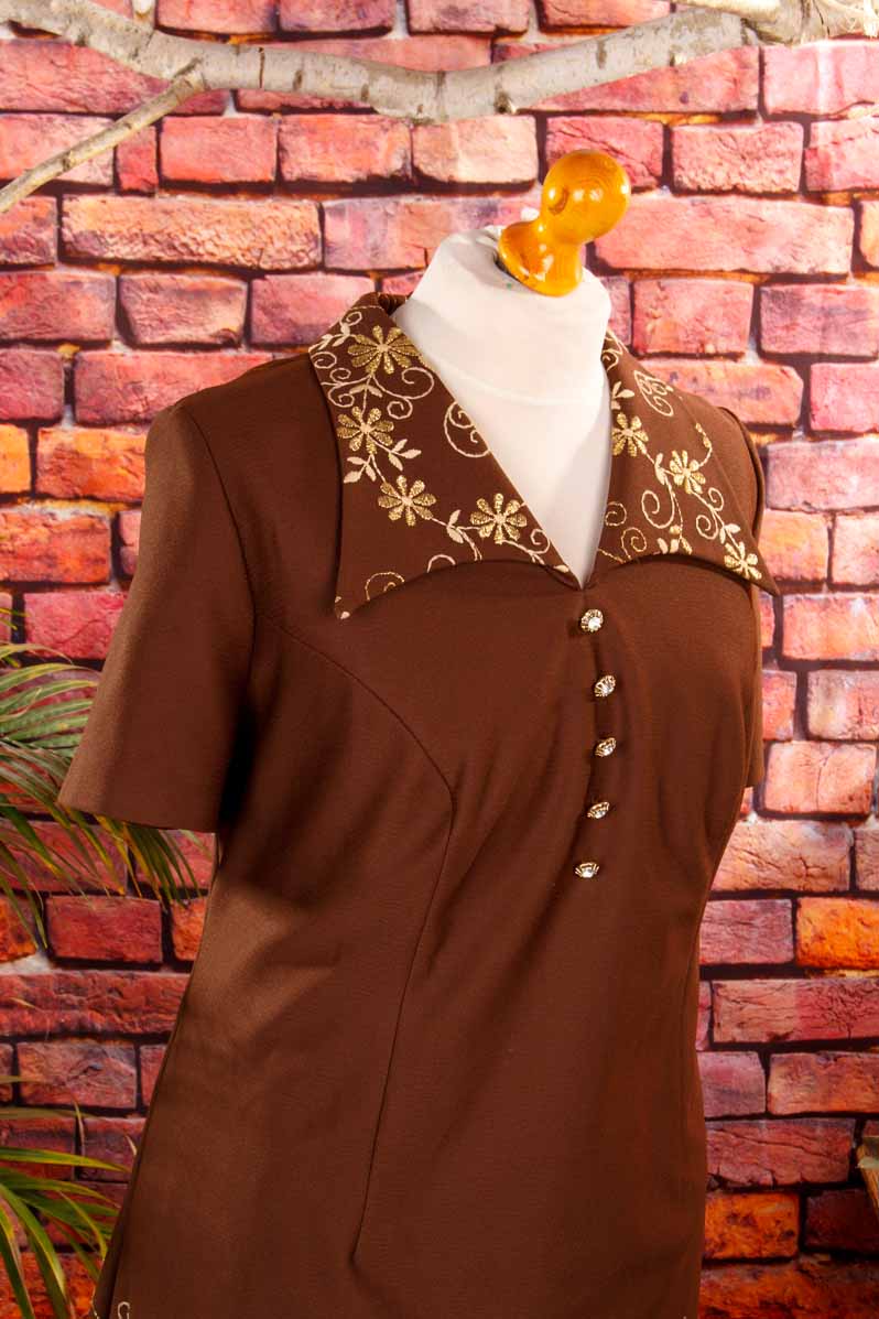 70s Schlagerkleid lang braun gold