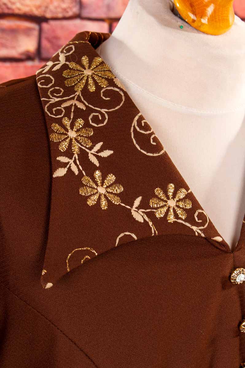 70s Schlagerkleid lang braun gold