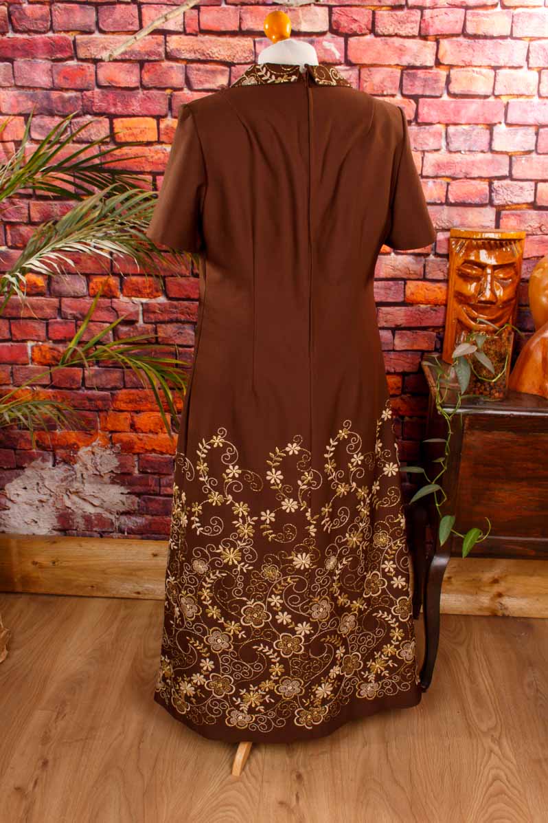 70s Schlagerkleid lang braun gold