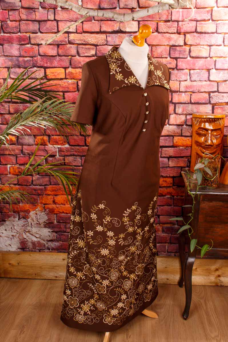 70s Schlagerkleid lang braun gold