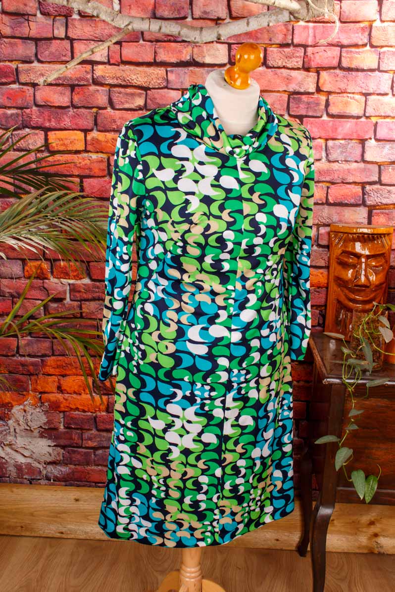 70s Stretchkleid grün blau Muster