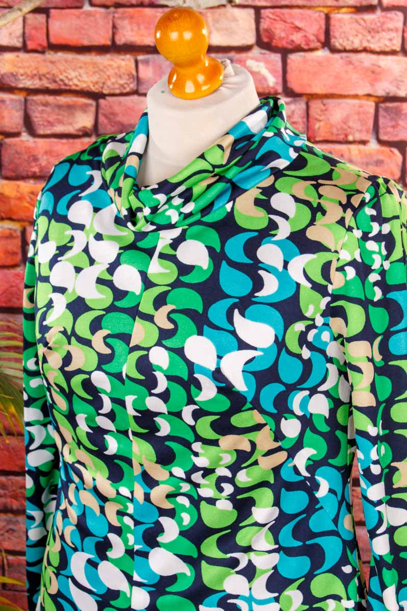 70s Stretchkleid grün blau Muster