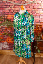 70s Stretchkleid grün blau Muster