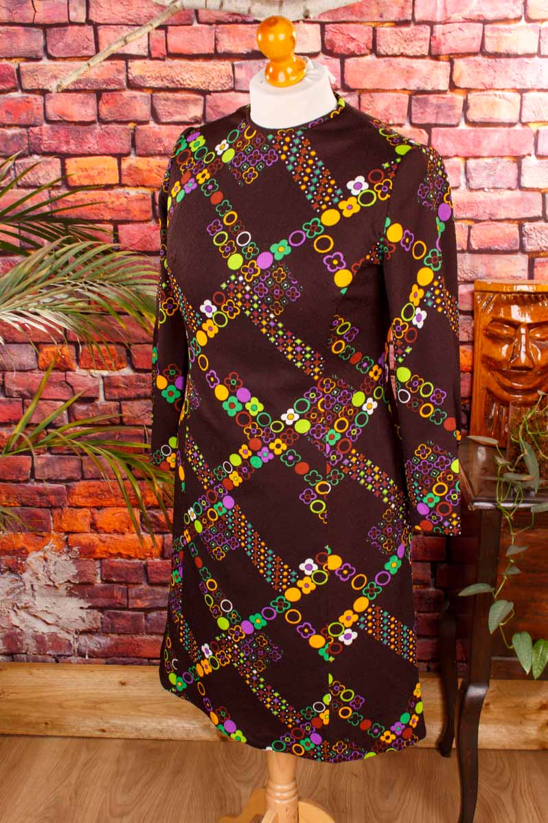Vintage Schlagerkleid braun bunt
