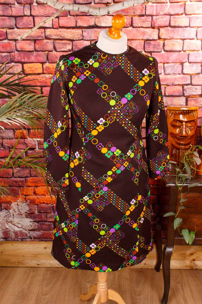 Vintage Schlagerkleid braun bunt